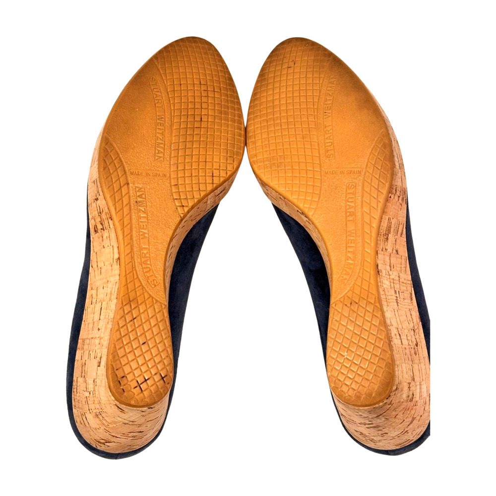 Stuart Weitzman Navy Suede Cork Peep-Toe Wedges - Picture 8 of 8